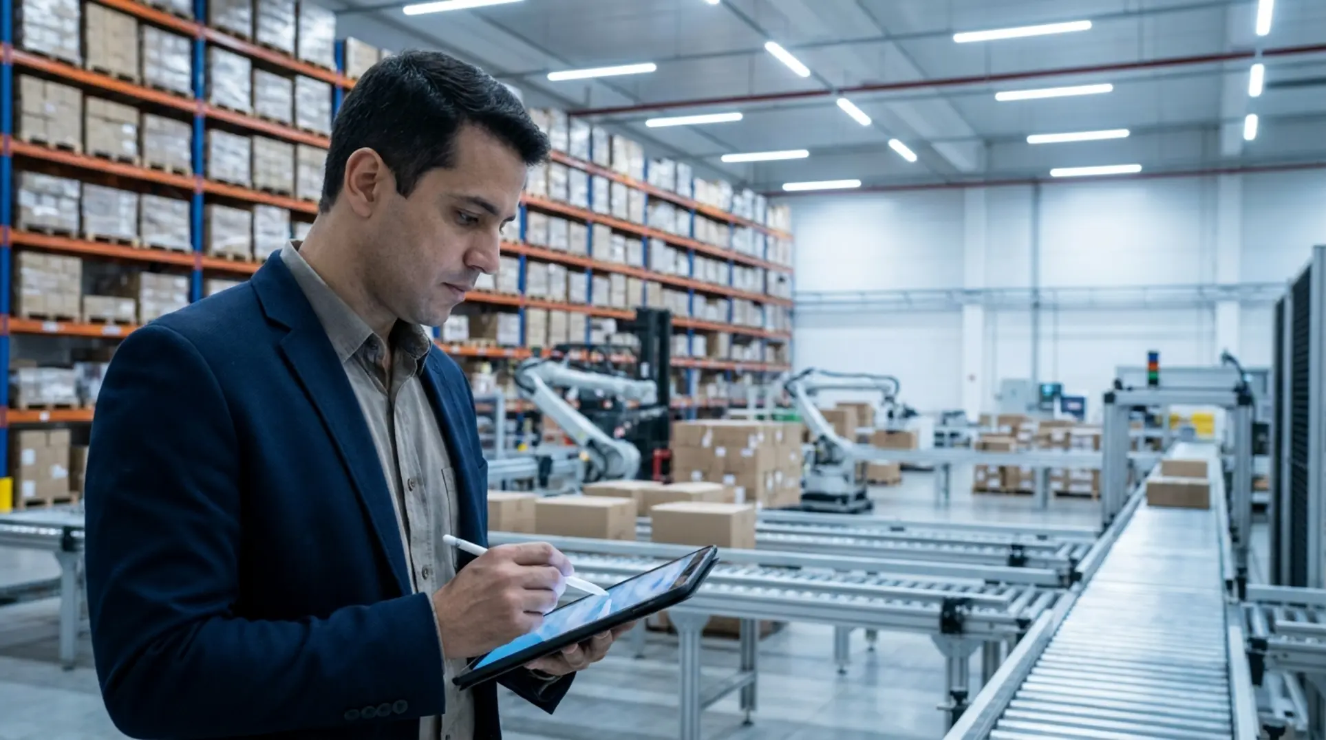 Empresário analisando em tablet os requisitos do Mercado Livre Full em um centro de distribuição.