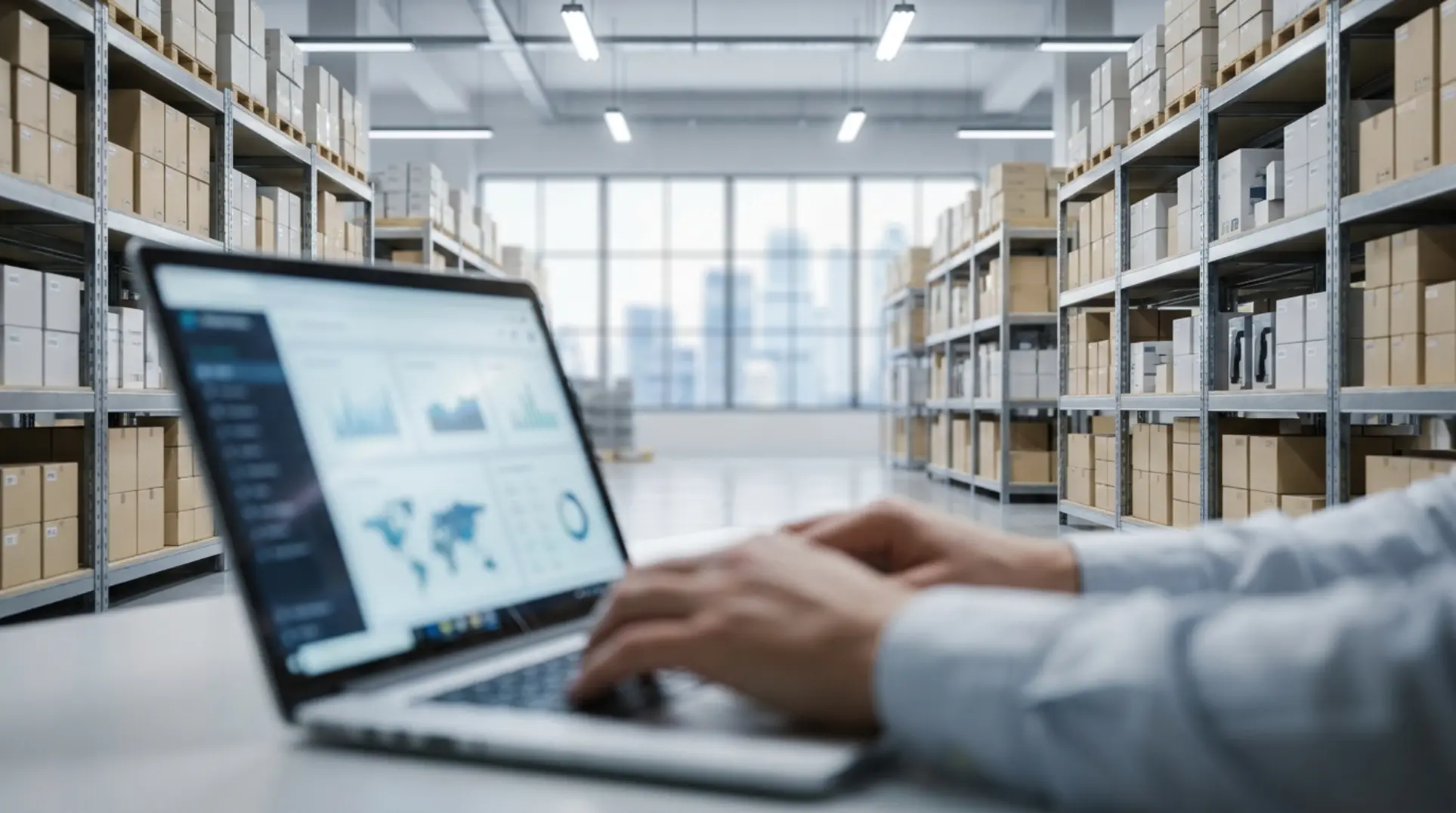 Vendedor de e-commerce em um estoque organizado analisando as taxas mercado envios em seu notebook.