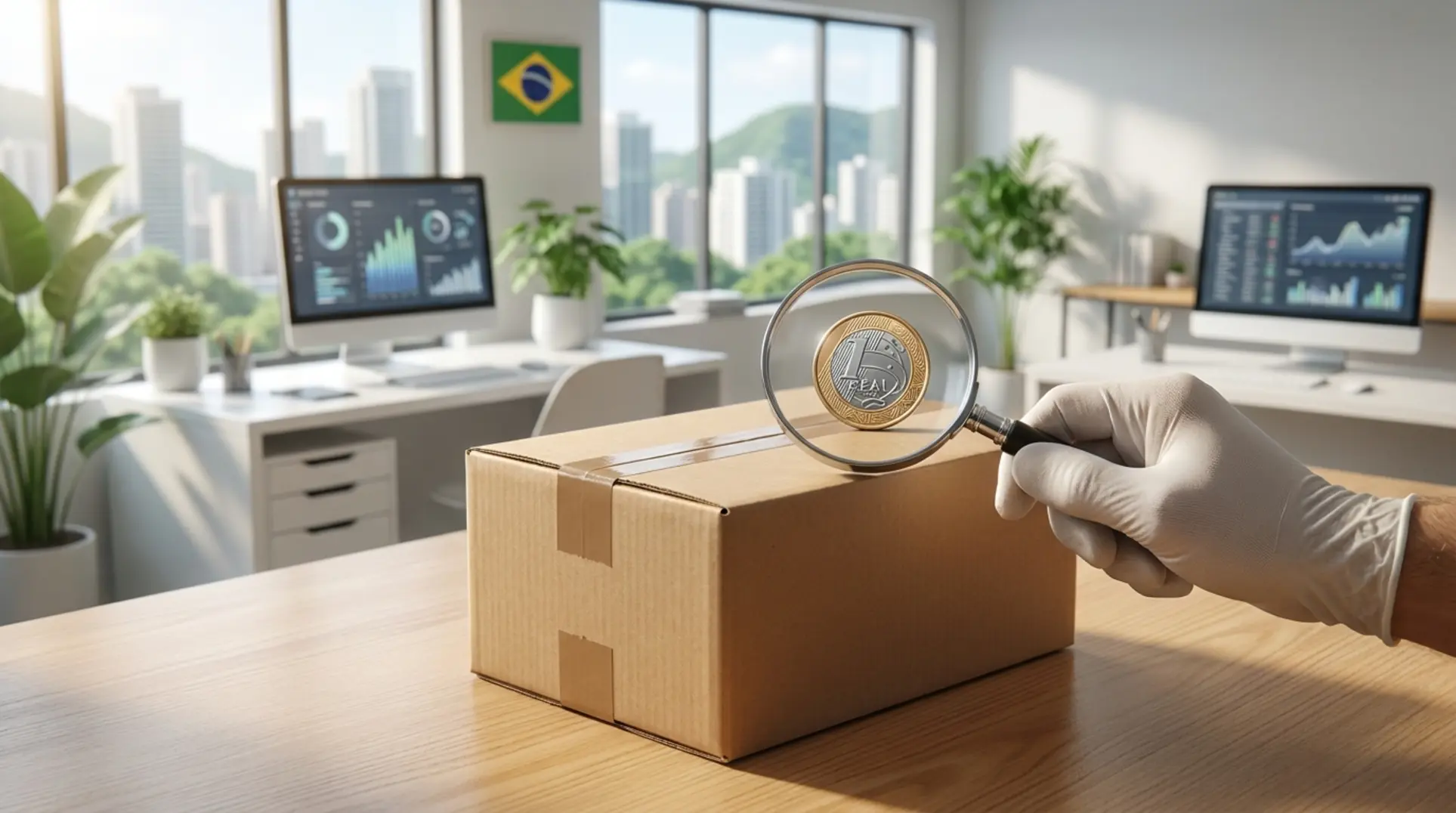 Lupa focada em uma moeda de Real sobre uma caixa de envio, ilustrando as taxas Mercado Livre.