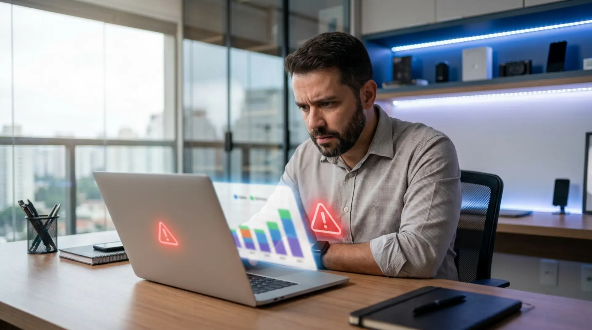 Vendedor preocupado analisa um alerta de erro no painel do seu notebook, simbolizando a suspensão de conta Shopee.