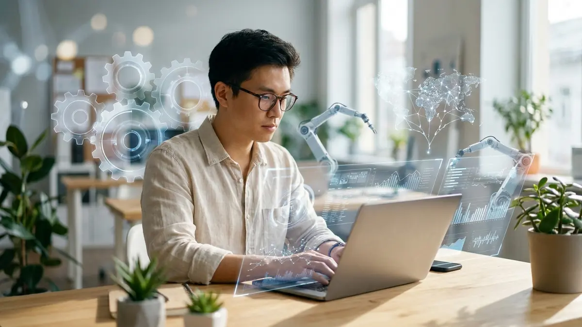 Pessoa usando um computador com ícones de IA e automação, representando a redução de tarefas repetitivas no trabalho.
