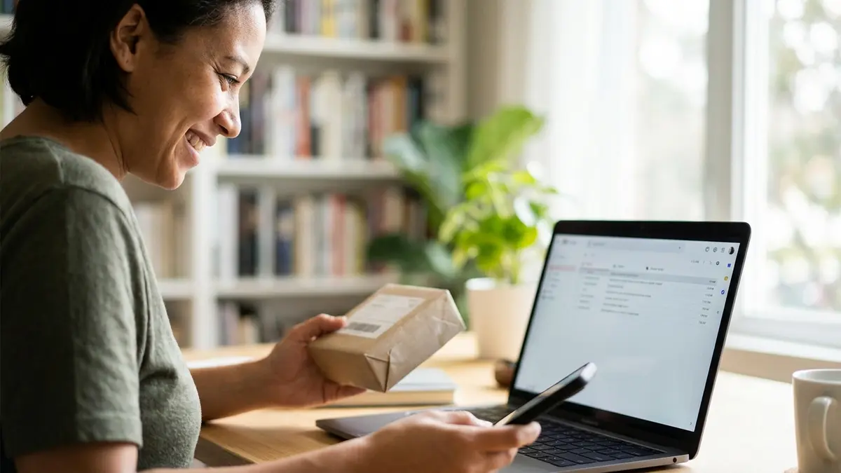 Cliente sorrindo ao ver uma oferta em seu celular após finalizar uma compra online.