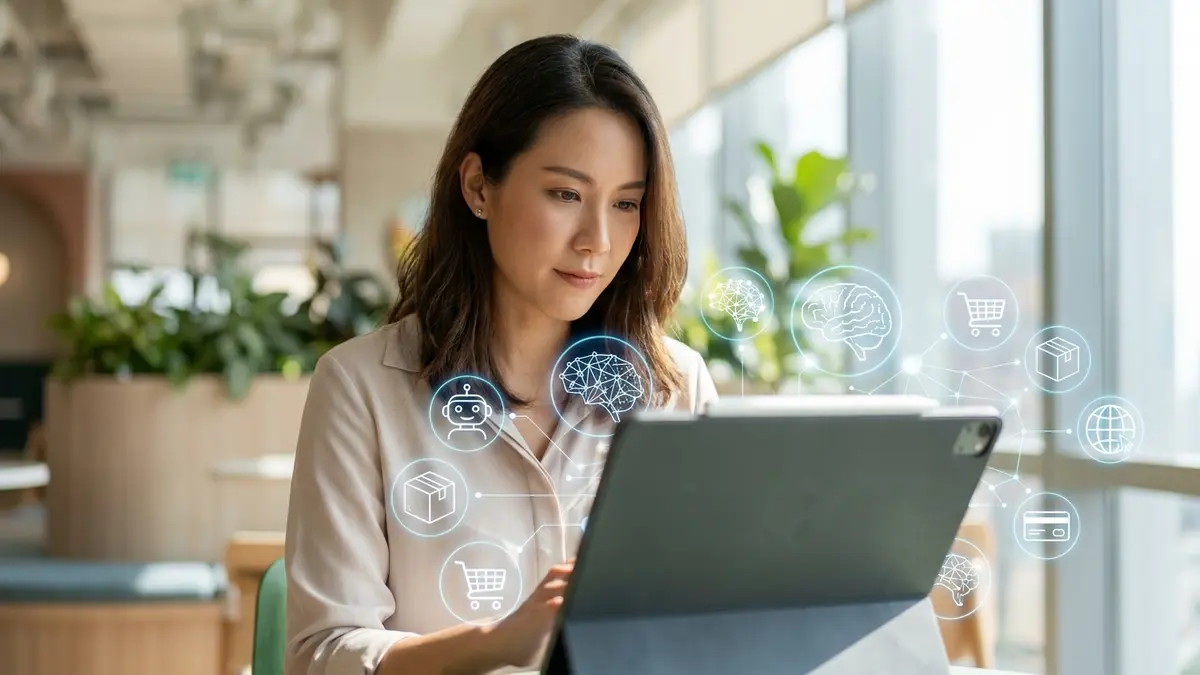 Pessoa interagindo com tela digital, simbolizando a influência da inteligência artificial nas decisões de compra online.