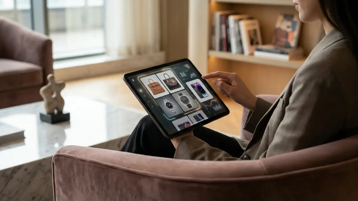 Pessoa usando um dispositivo digital com elementos visuais de inteligência artificial e produtos de luxo, como joias ou bolsas, em uma tela.