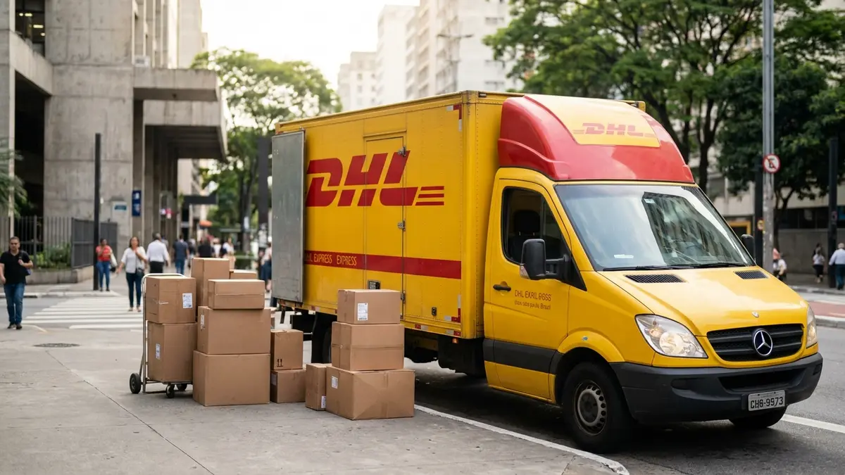 Caminhão amarelo da DHL Express parado em rua movimentada de São Paulo, com prédios ao fundo.