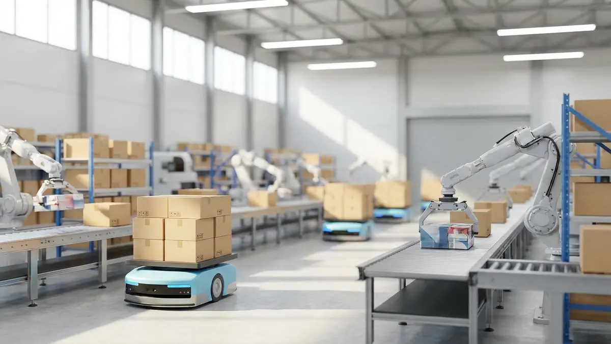 Robôs e sistemas automatizados trabalhando em um ambiente de e-commerce.