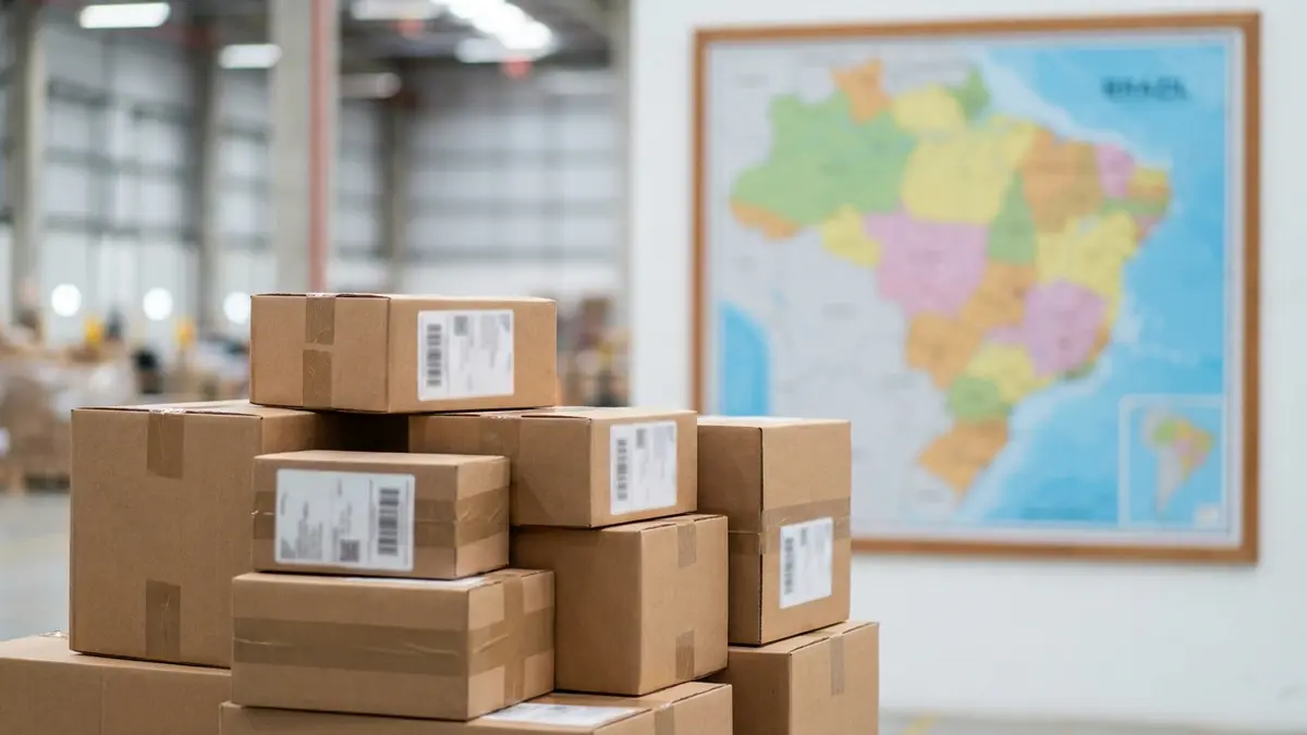 Caixas de encomendas internacionais em um centro de distribuição com etiquetas de remessa.