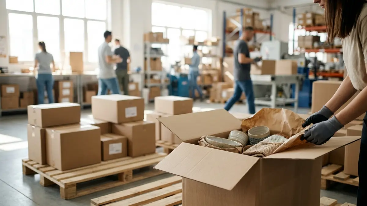 Produtos importados em caixas sendo manuseados, simbolizando o aumento das importações.