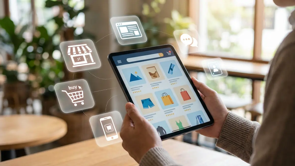 Pessoa usando tablet para comprar online, com ícones de canais de venda ao fundo.