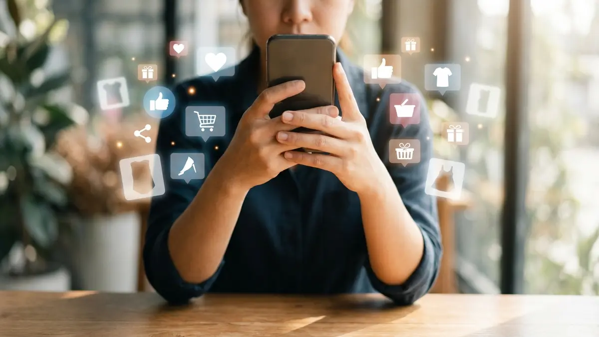 Pessoa olhando o celular com ícones de redes sociais e produtos, representando a influência digital nas compras.