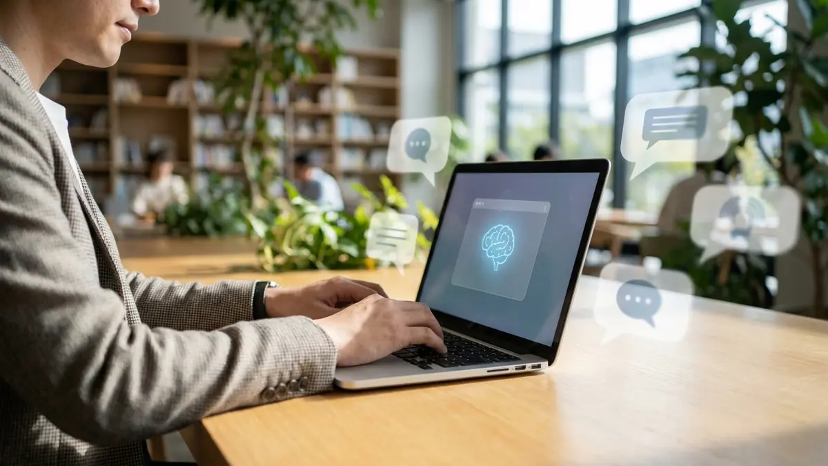 Pessoa usando um laptop com elementos visuais de inteligência artificial e balões de conversa.