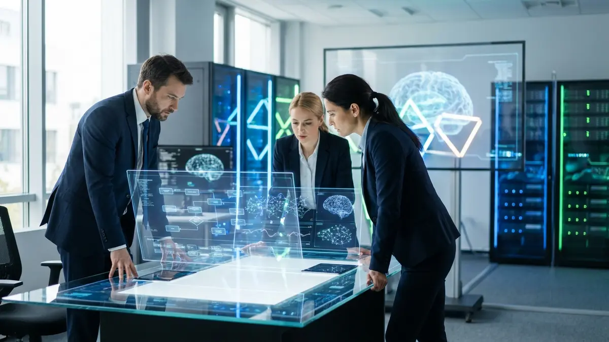 Empresários em reunião analisando dados e gráficos, com representações visuais de inteligência artificial e tecnologia.