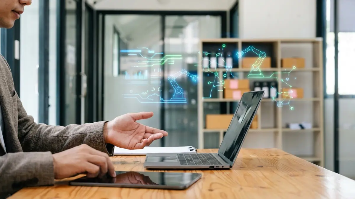 Vendedor de marketplace usando tecnologia para gerenciar seu negócio, com gráficos e elementos de IA ao redor.