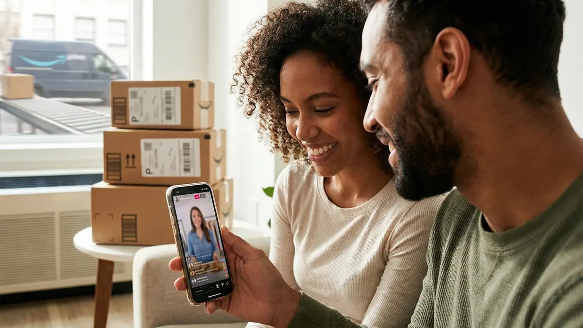 Pessoas assistindo live commerce em celular com caixas de entrega, representando vendas e logística rápida.