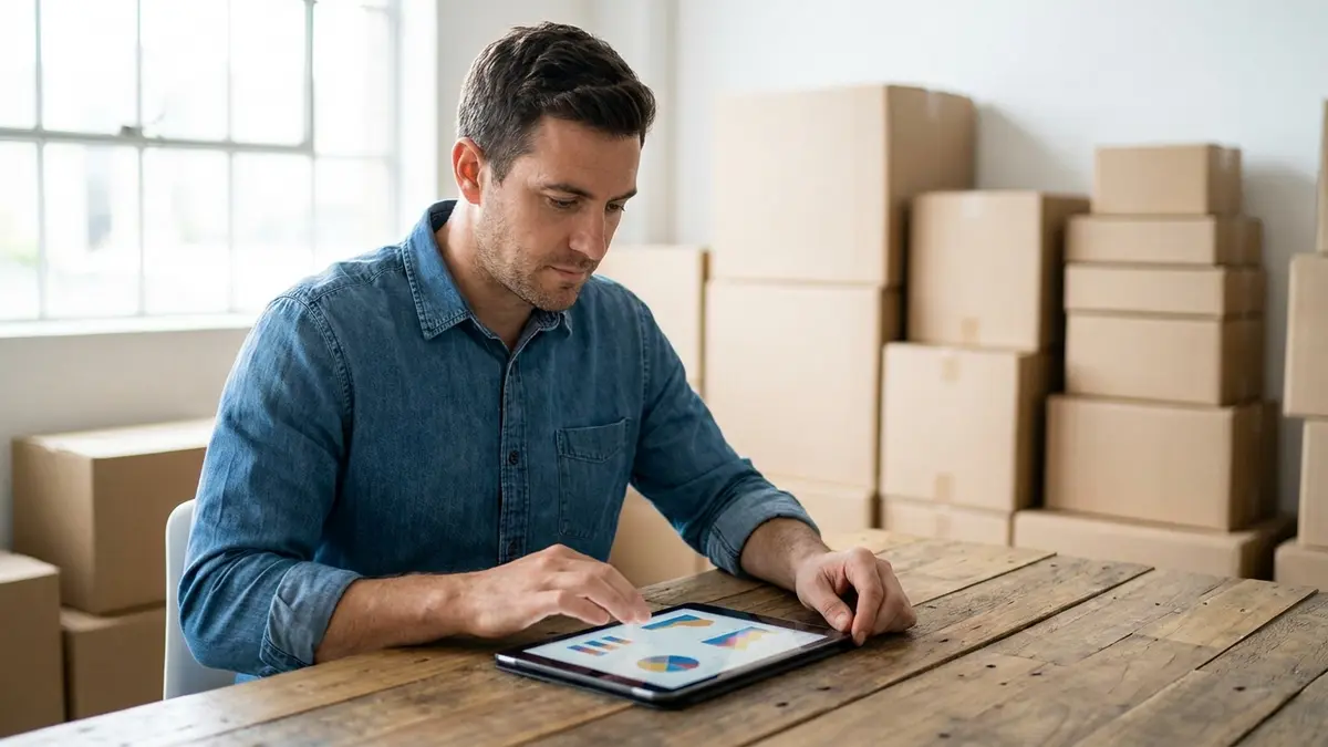 Vendedor de e-commerce analisando dados de logística em um tablet com caixas de produtos ao fundo.