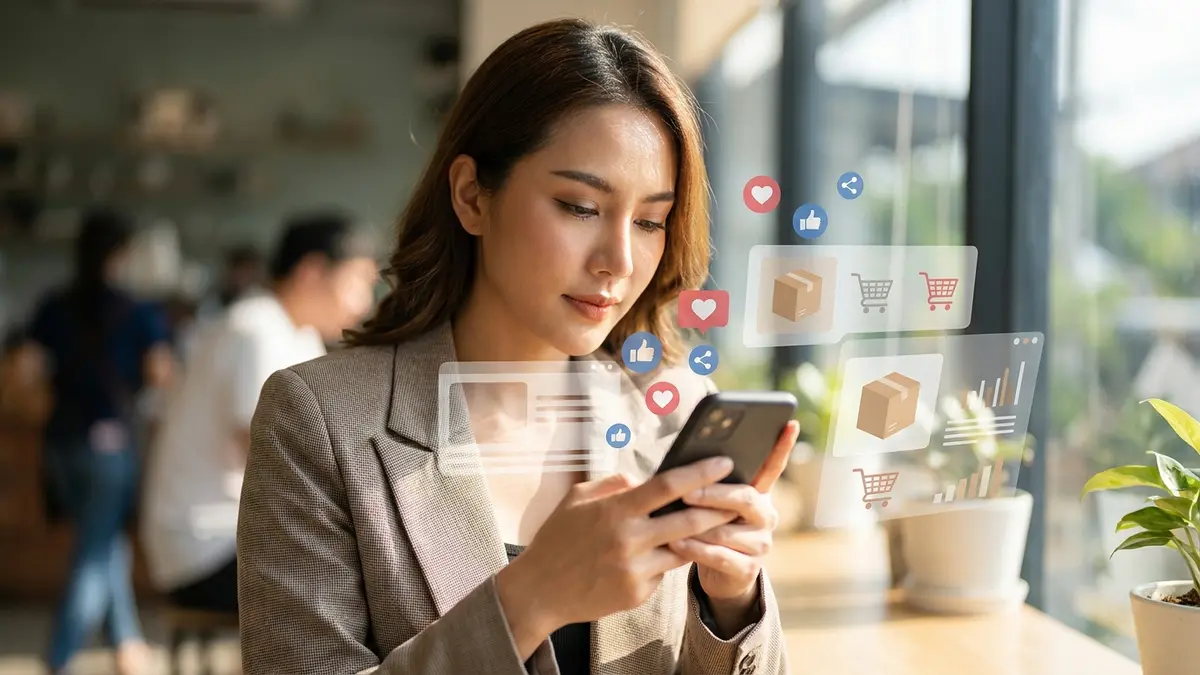 Mulher usando maquiagem e interagindo com smartphone, simbolizando a digitalização da venda direta.