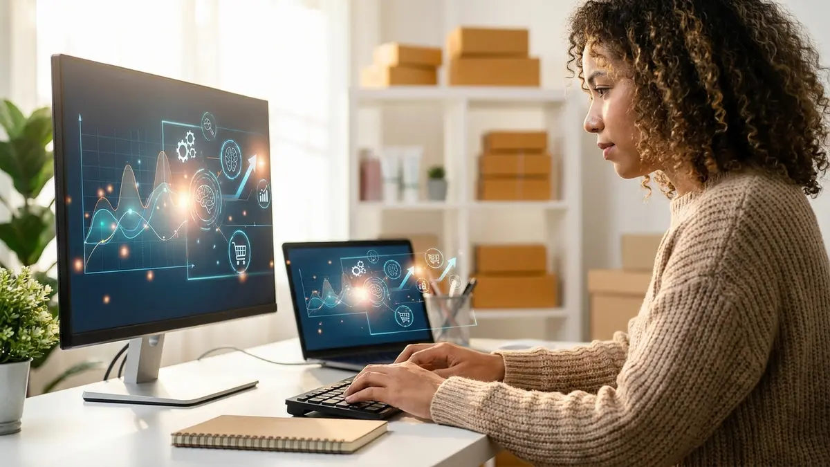 Pessoa usando computador com interface de IA para gerenciar vendas e tarefas de e-commerce, simbolizando automação e produtividade.