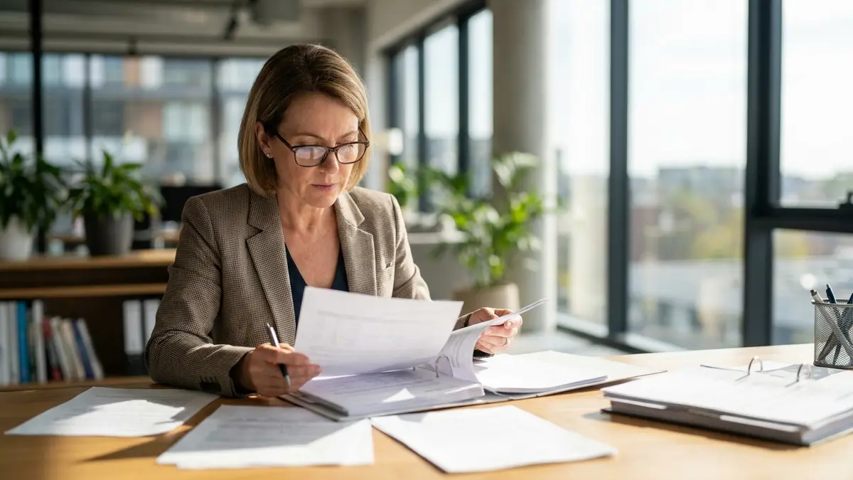Pessoa analisando papéis e calculadora, representando finanças de um microempreendedor.