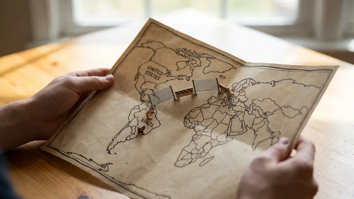 Mãos segurando um mapa-múndi, com linhas de comércio entre Brasil e EUA e símbolos de barreiras comerciais.