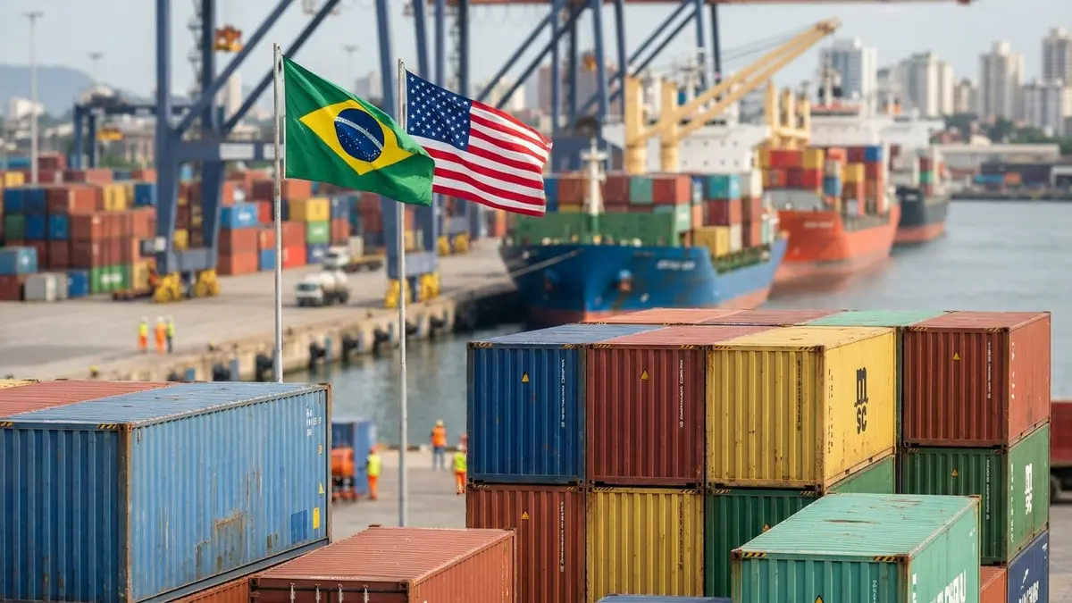 Navios de carga em porto, com contêineres e bandeiras do Brasil e EUA, representando comércio e tarifas.