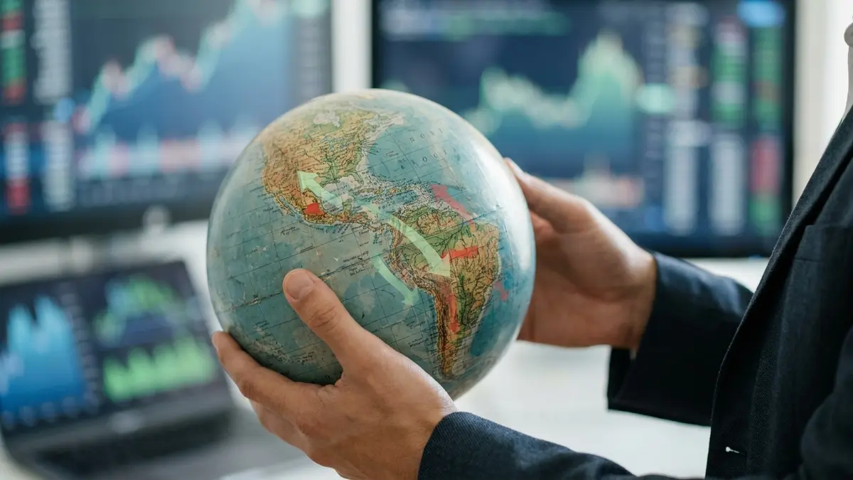 Mãos segurando um globo terrestre com foco nas Américas, simbolizando comércio internacional e barreiras tarifárias.
