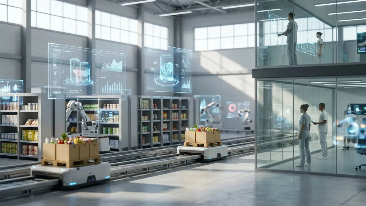 Supermercado futurista com telas digitais e robôs, representando a transformação tecnológica no varejo.