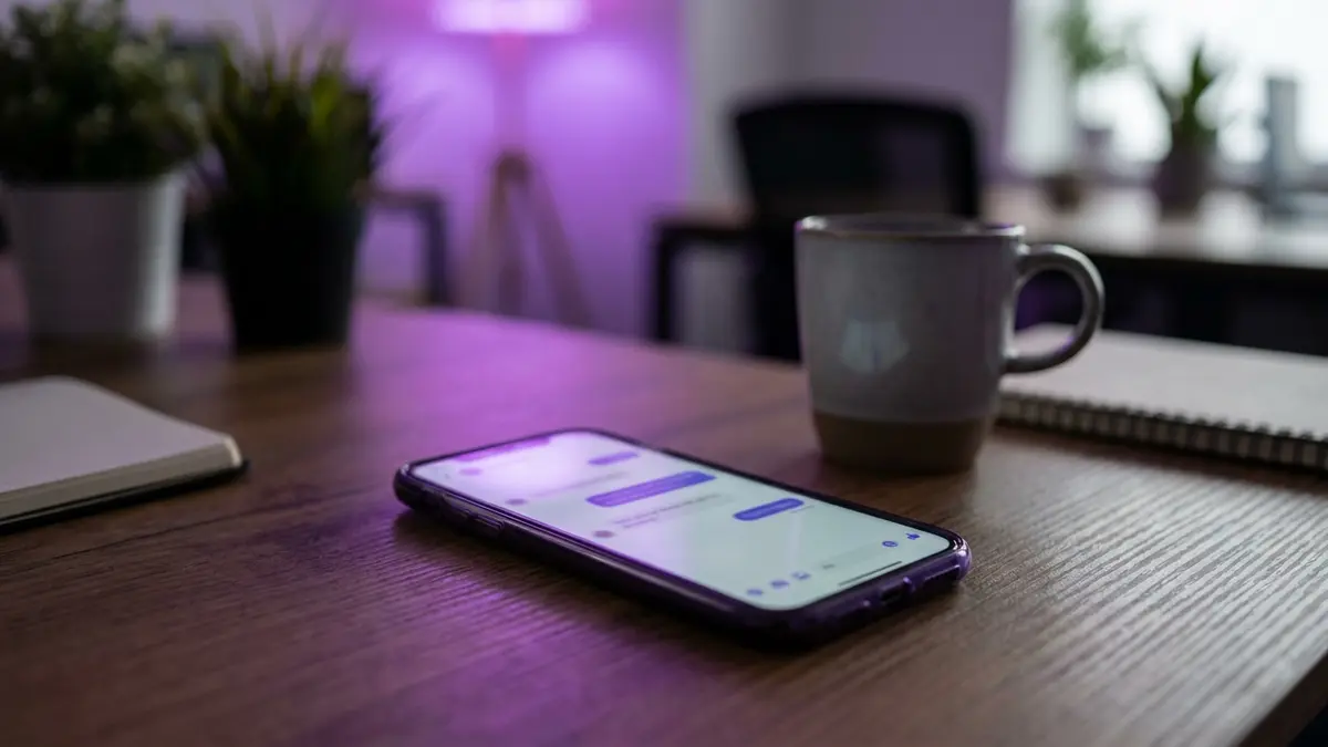 Interface do ChatGPT em um smartphone com iluminação roxa.