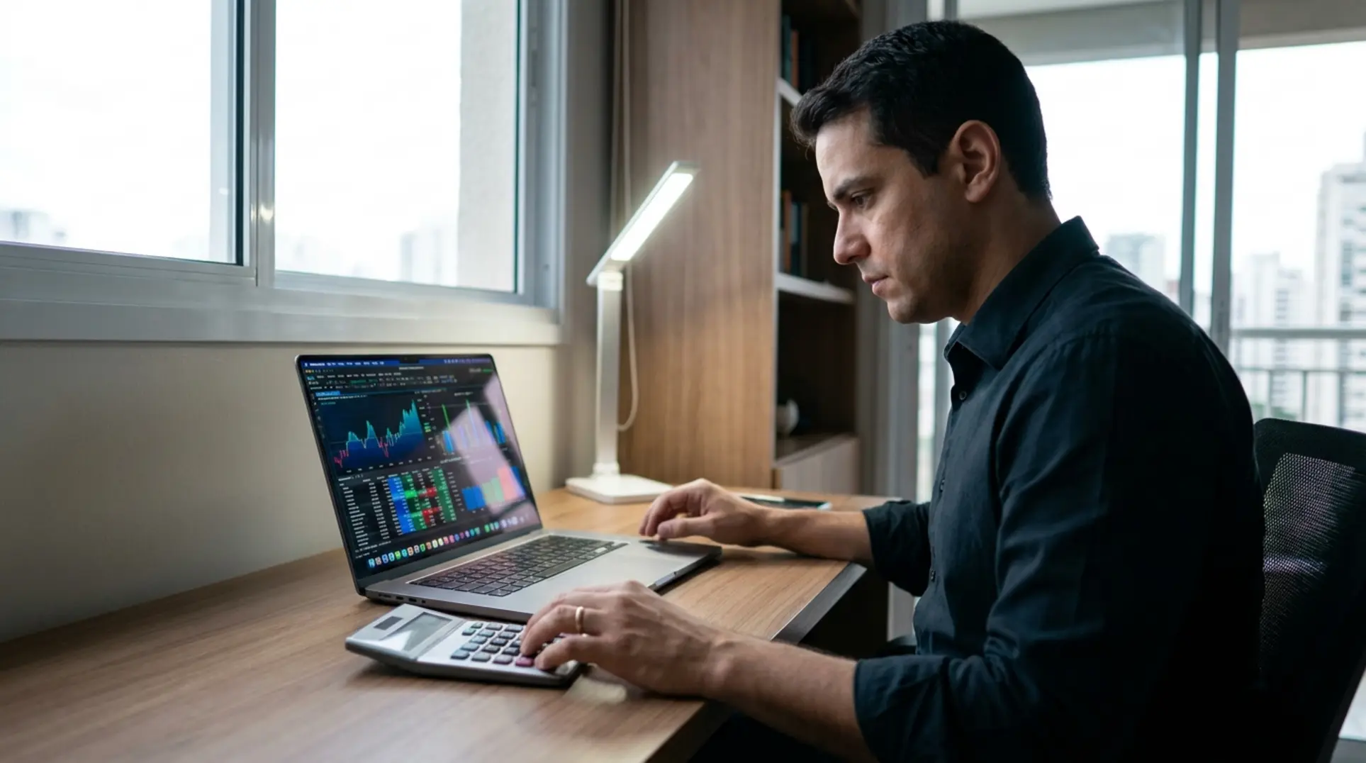 Empreendedor focado usando planilha para calcular lucro de dropshipping no Mercado Livre em seu notebook.