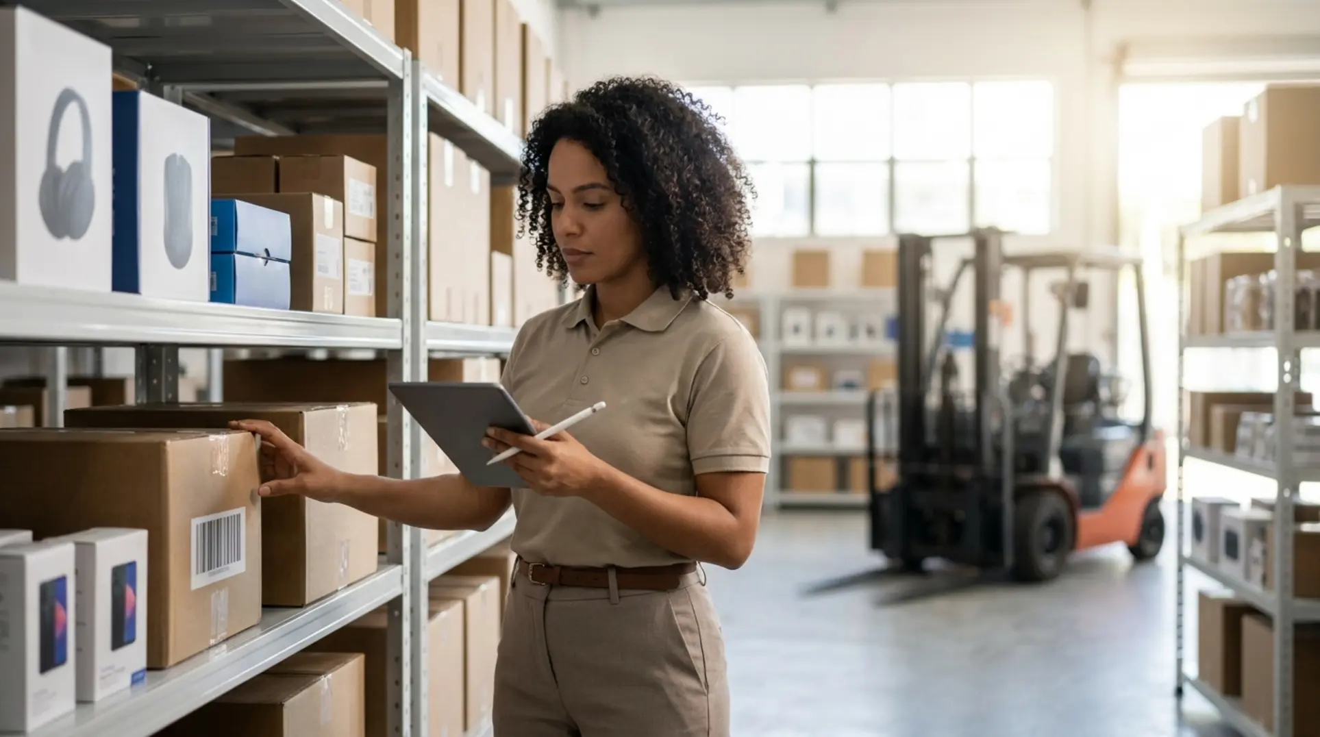 Lojista usando tablet para validar fornecedores de dropshipping em um centro de logística moderno no Brasil.