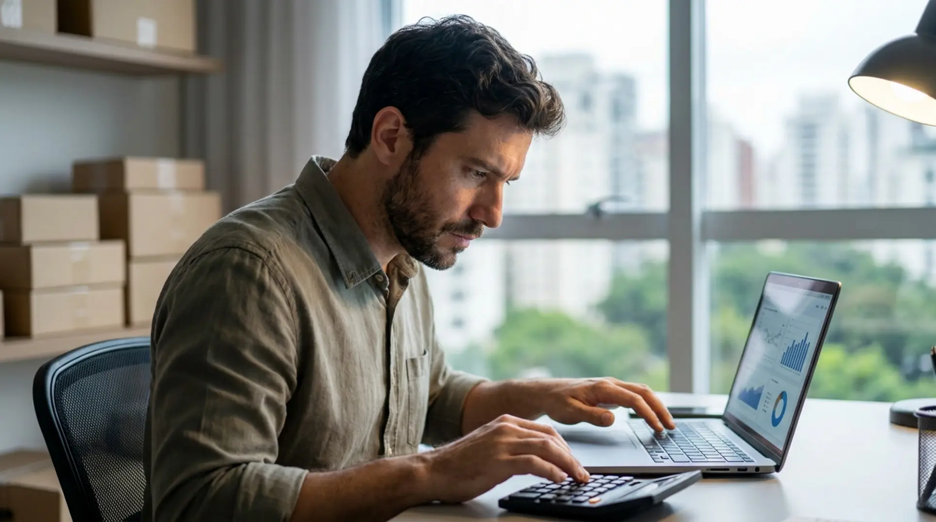 Vendedor em mesa moderna calculando o custo do frete grátis Shopee em seu notebook.
