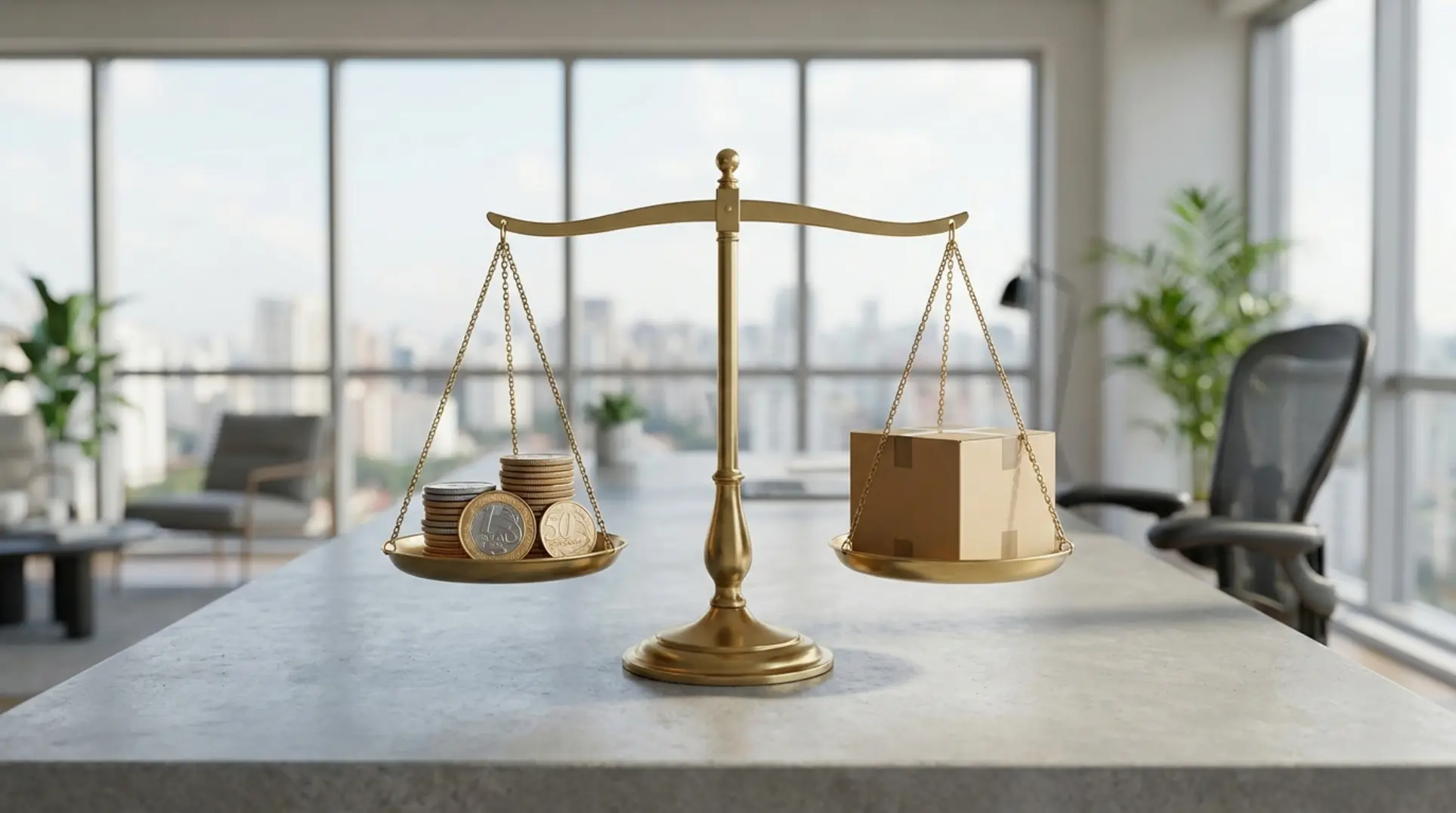 Balança moderna em escritório equilibrando o lucro e o custo do frete grátis Mercado Livre.