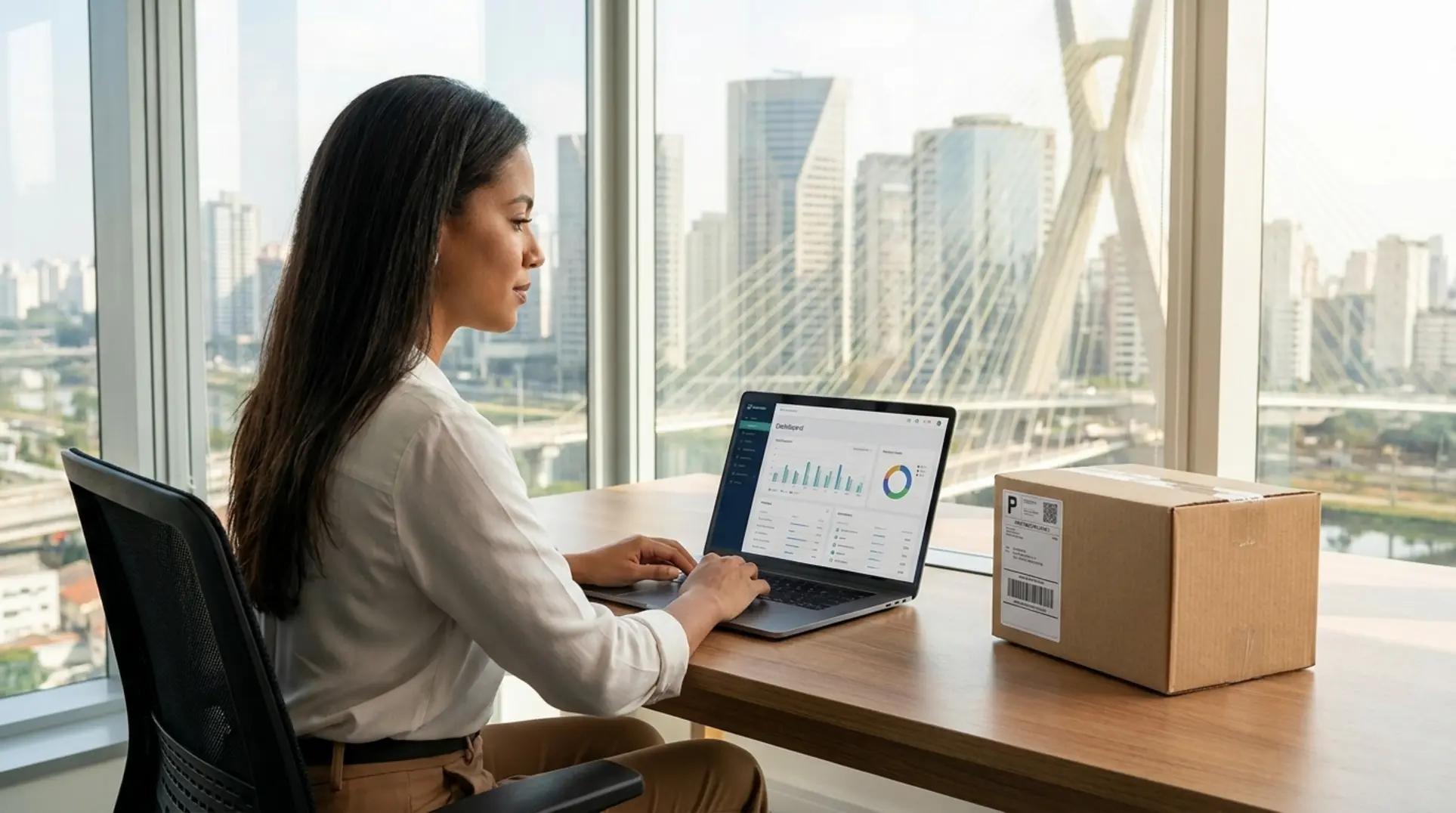 Empreendedor em um escritório moderno em São Paulo gerenciando vendas sem estoque no notebook.