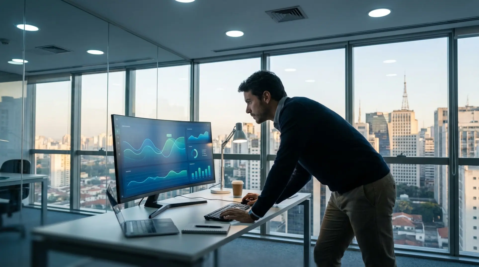 Empreendedor focado em um escritório moderno em São Paulo, seguindo os primeiros passos na Ideris em seu computador.