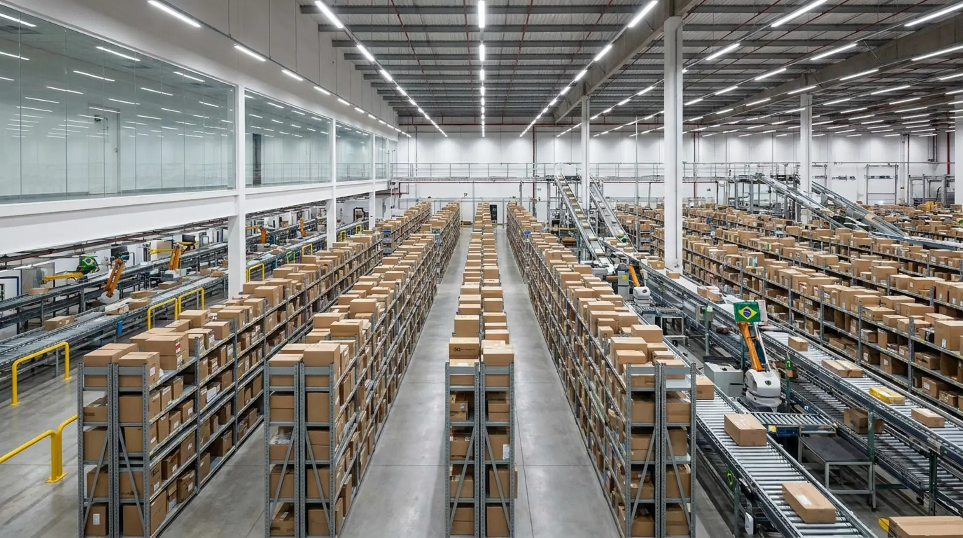 Centro de distribuição tecnológico e organizado para ilustrar os requisitos Full Shopee de logística.