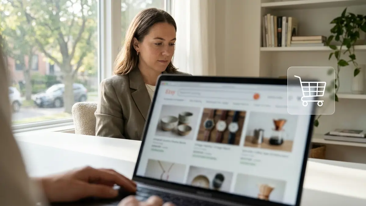 Pessoa usando um smartphone para comprar produtos de nicho em um marketplace.