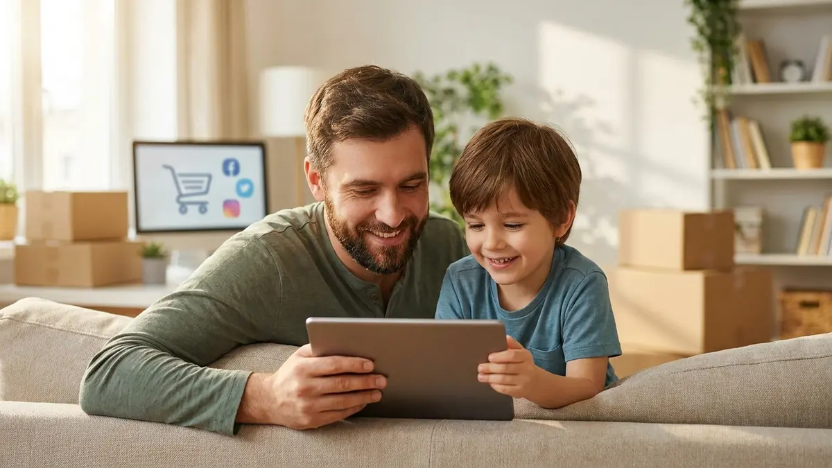 Pai e filho felizes olhando um smartphone, simbolizando a influência das redes sociais nas compras de presentes para o Dia dos Pais.