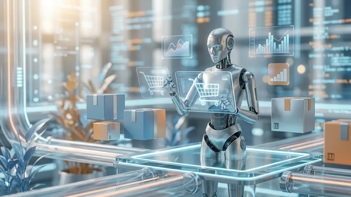 Robô com elementos de e-commerce e varejo em um ambiente digital, simbolizando a integração da IA.
