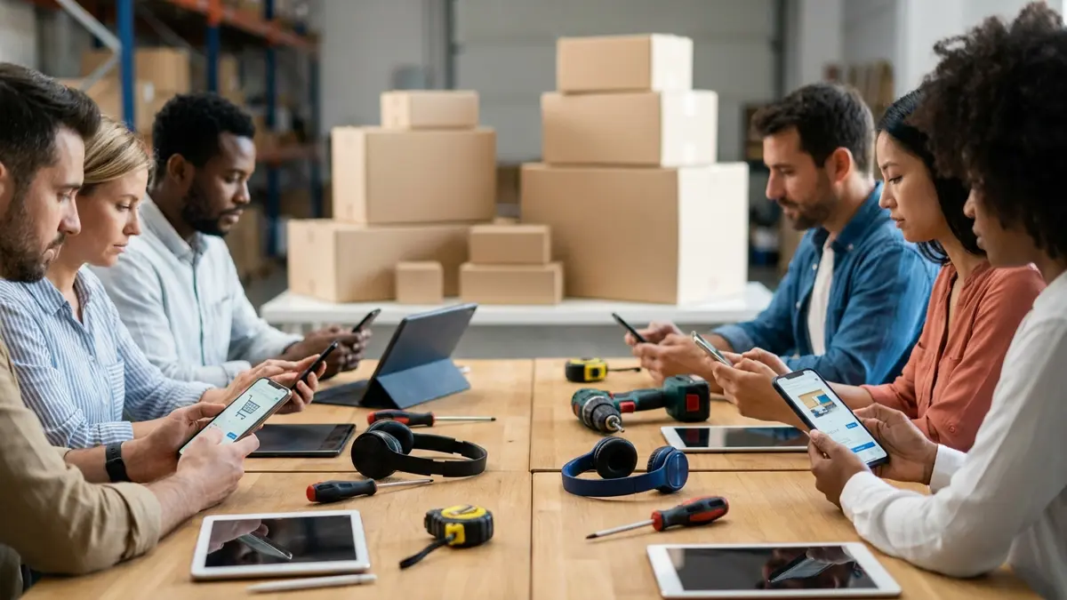 Pessoas usando celulares para compras online, com eletrônicos e caixas de entrega, representando o crescimento da Shopee.