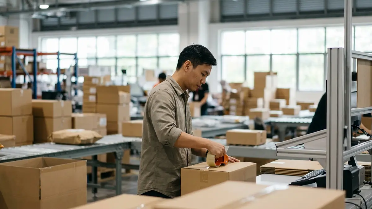 Vendedor sorrindo enquanto embala um produto em um centro de distribuição da Shopee, com caixas e equipamentos logísticos.