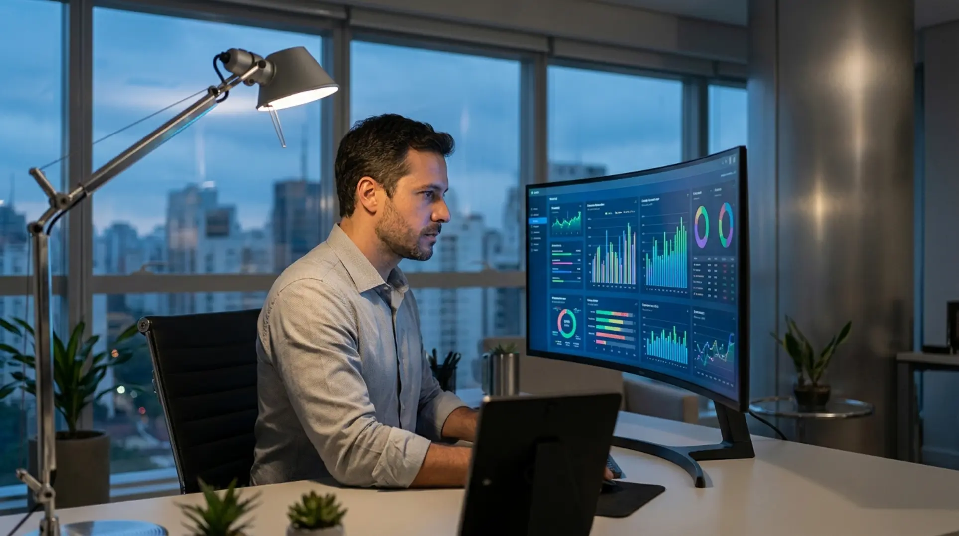 Empreendedor analisando gráficos de dados sobre o preço Nubimetrics em um computador moderno.