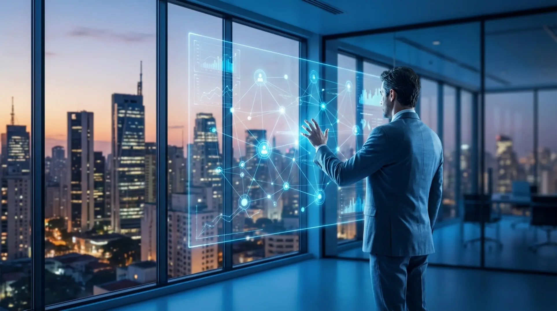 Empresário em um escritório moderno analisando um painel digital para escolher o sistema ERP para PME.