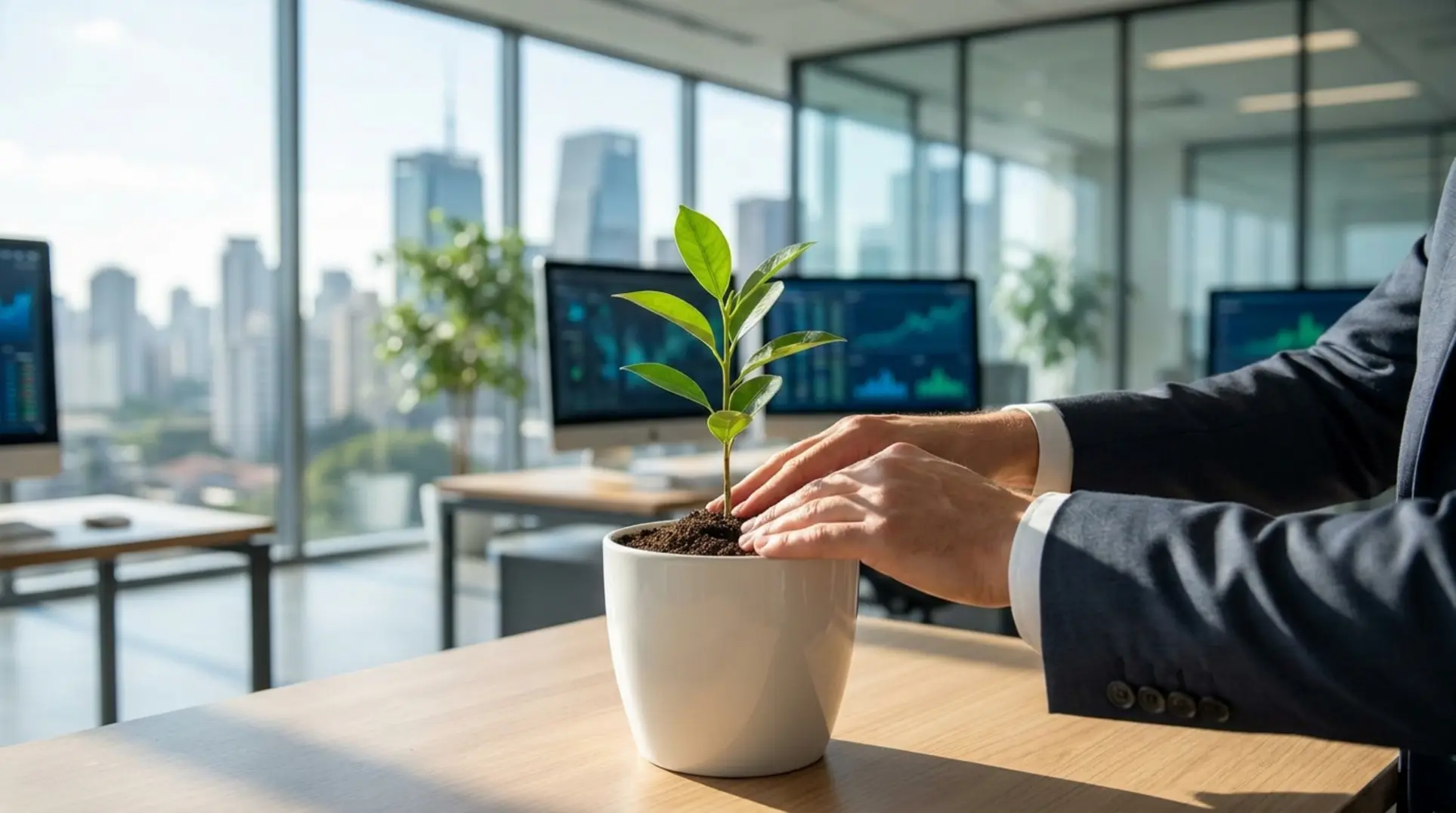 Mãos cuidando de planta em escritório, simbolizando migrar CPF para CNPJ no Mercado Livre.