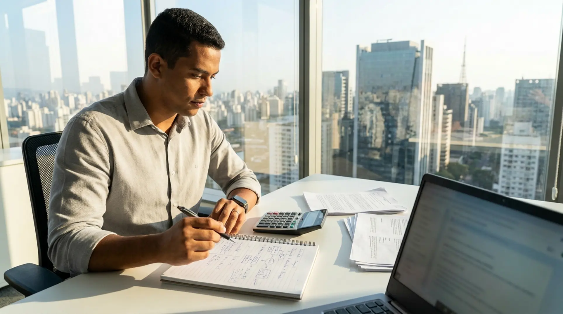 Empreendedor em escritório moderno no Brasil calculando o custo para abrir um CNPJ para vender no Mercado Livre.