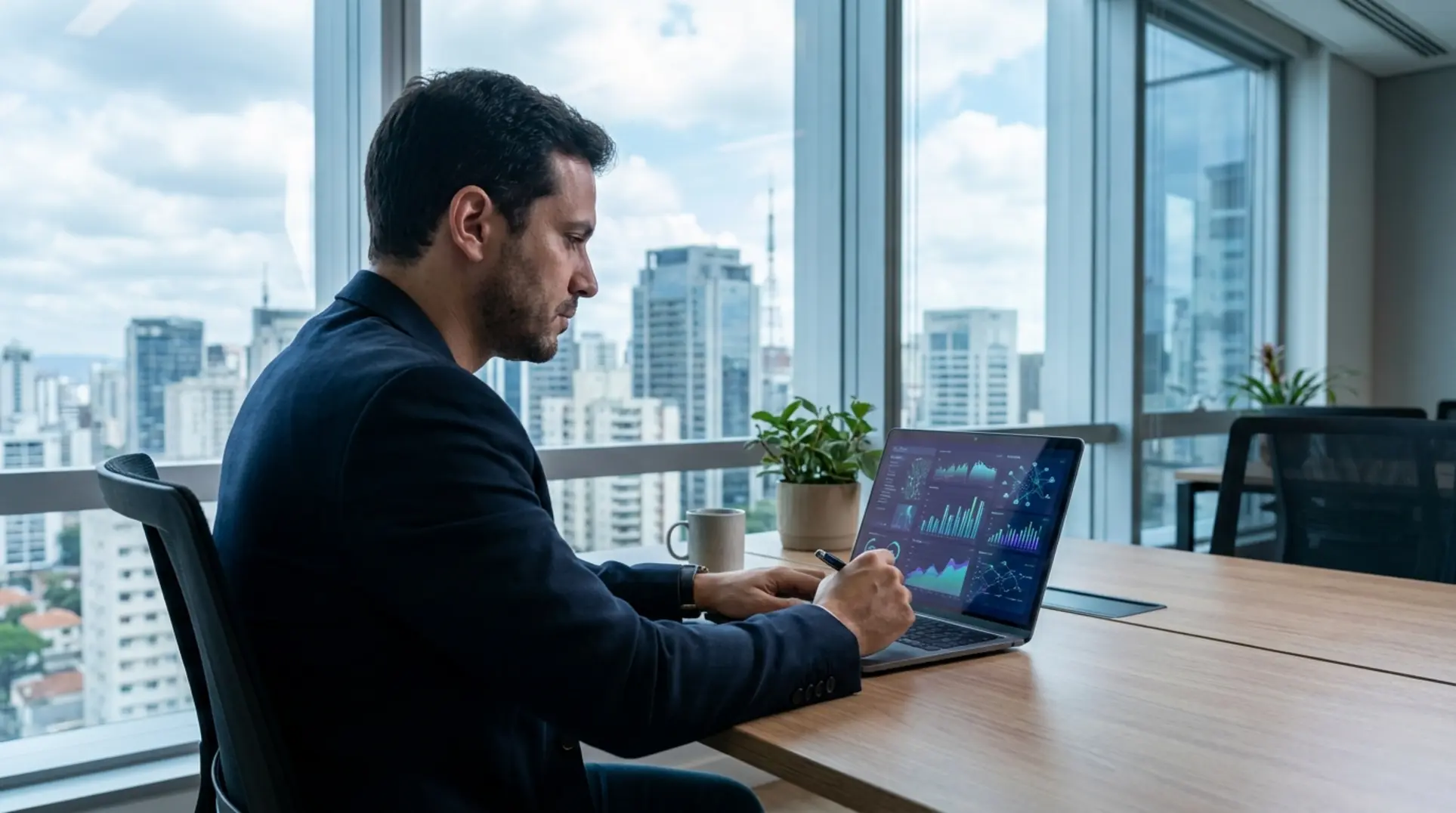 Gestor de PME em escritório moderno analisando o custo de um sistema ERP no computador.