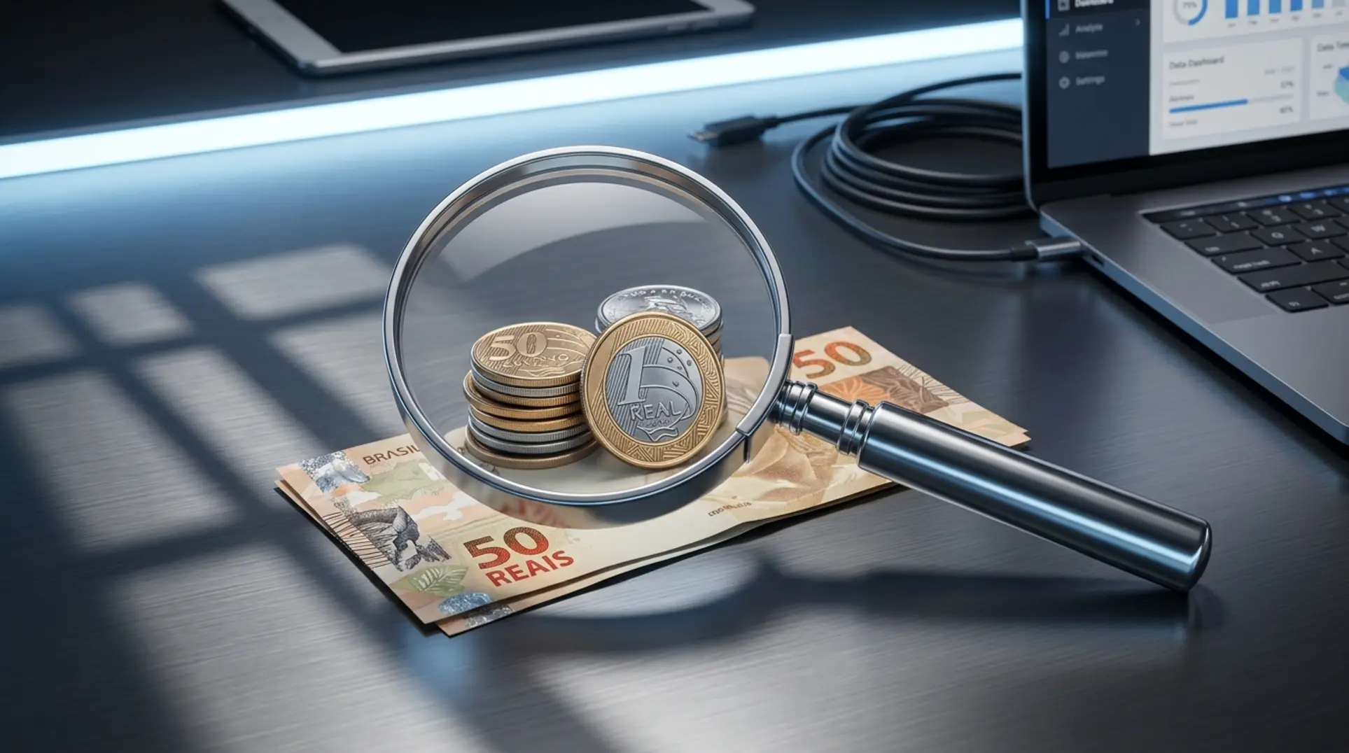 Lupa examinando moedas de real, representando os custos para anunciar no Mercado Livre 2026.