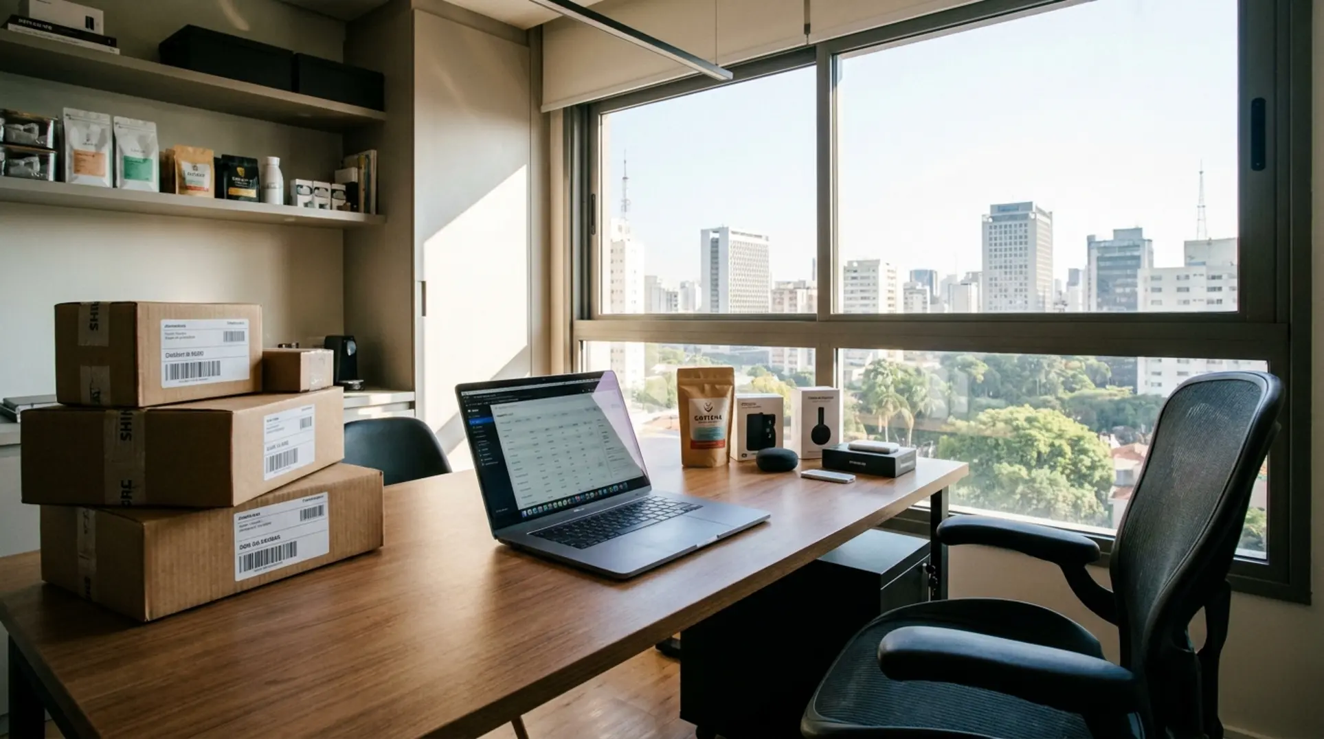 Home office com laptop e caixas simbolizando a profissionalização com CNPJ para vender no Mercado Livre.
