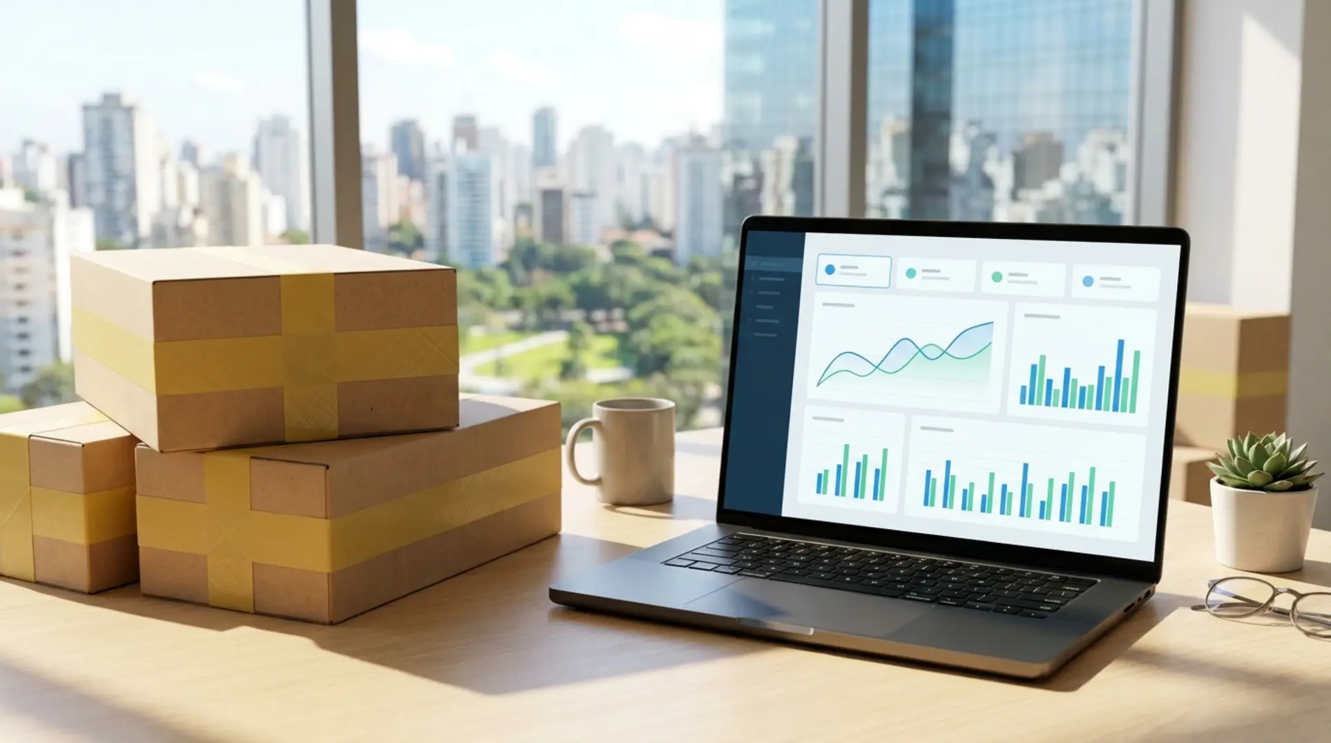 Mesa de trabalho de um lojista online com notebook e produtos embalados para anúncios no Mercado Livre.
