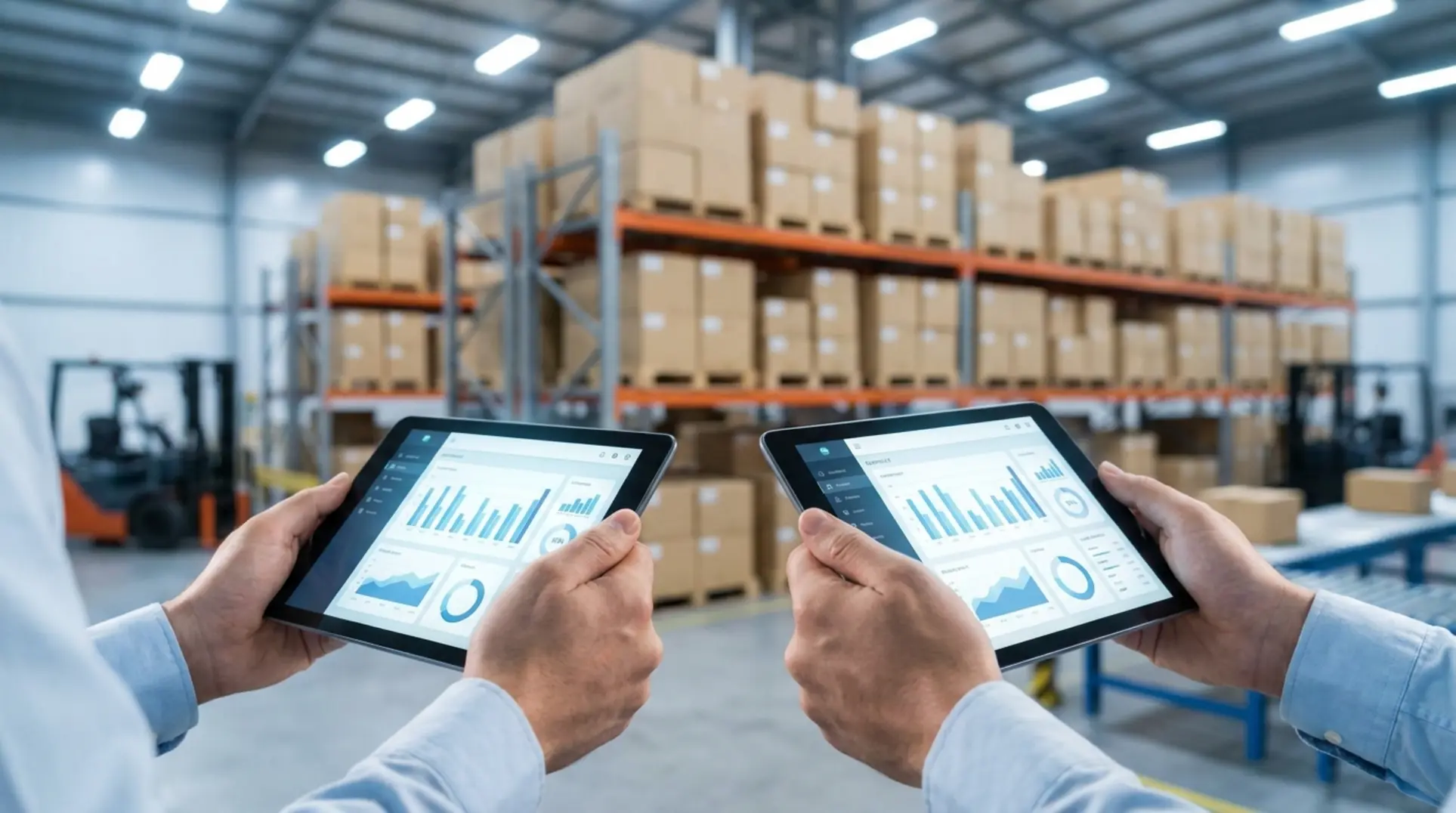 Tablet com dashboard de ERP num armazém organizado, simbolizando a integração Tiny ERP Mercado Livre.