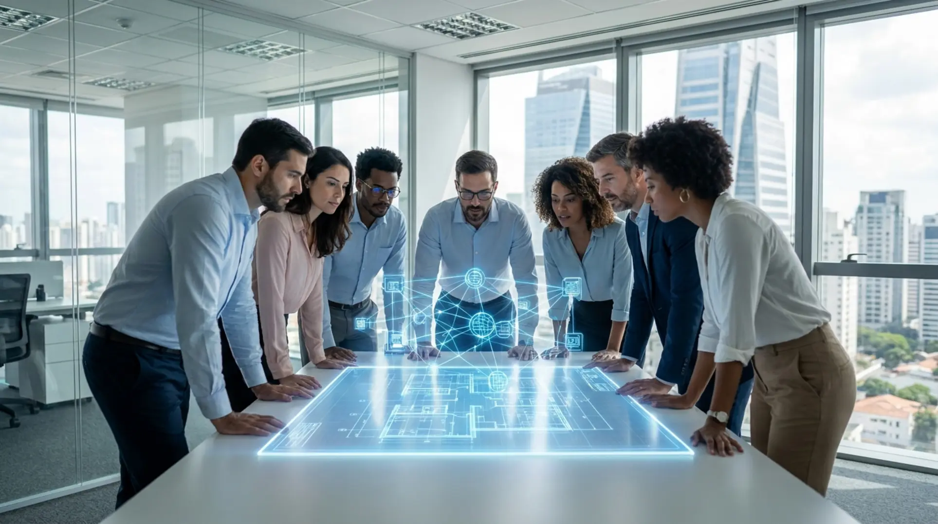 Equipe de especialistas em um escritório moderno analisando a estrutura de uma implementação de sistema ERP.