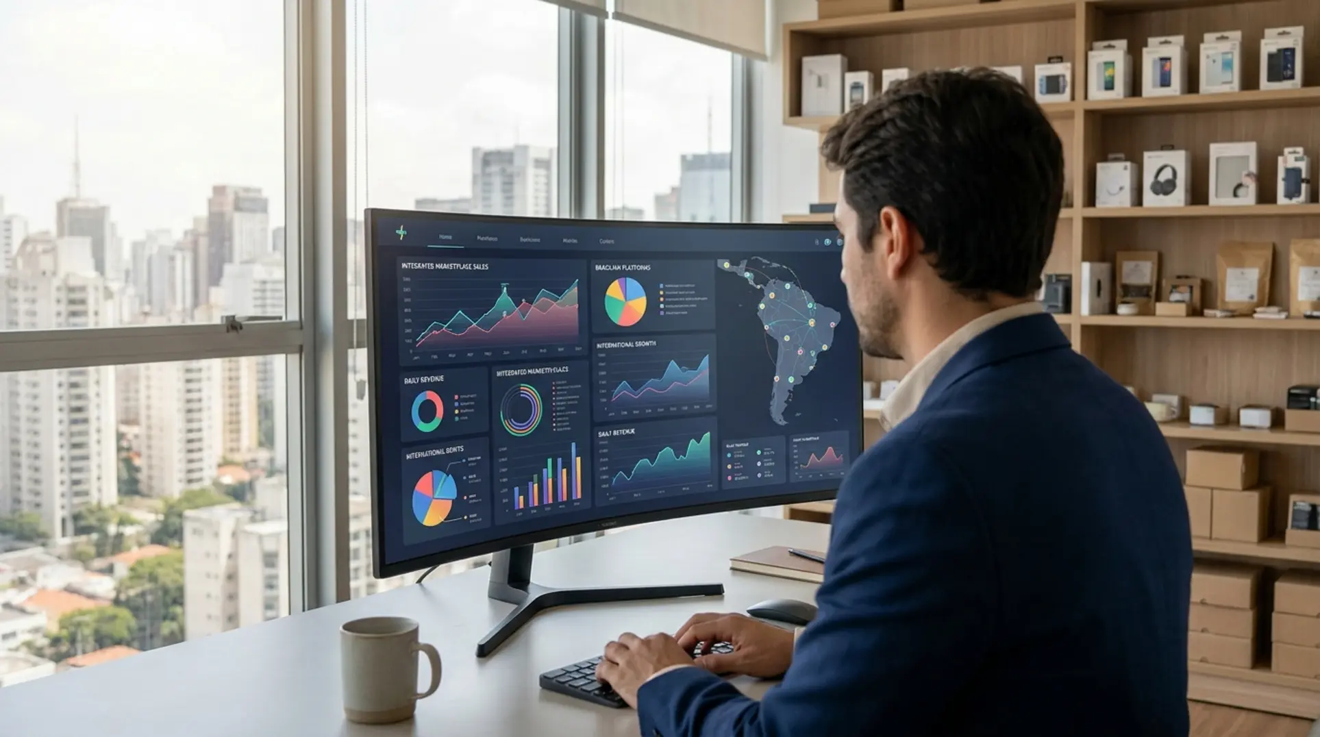 Vendedor em escritório moderno analisando um dashboard que representa o que é Olist e seu ecossistema.